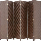 Room Divider Wood Screen 6 Panel Folding Portable Partition Screens Wooden Mesh Woven Design Room Screen Divider for Home Office (Brown)