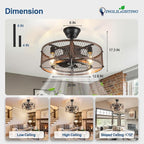 DLLT Caged Ceiling Fan with Lights: 20" Farmhouse Fandelier with Light and Remote - Walnut Industrial Chandelier Fan Light for Bedroom Living Dining Room Kitchen