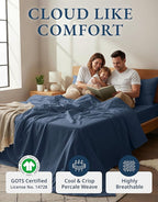 LANE LINEN Eco Friendly 100% Organic Cotton Fully Elasticized Full Sheet Set, Low Pilling Fade Resistant Machine Washable Naturally Cooling Full Bed Sheets, Soft & Comfy Cotton Bedding - Estate Blue