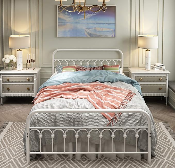 TUSEER Metal Bed Frame Queen Size with Vintage Headboard and Footboard Platform Base Wrought Iron Bed Frame (Queen,White)