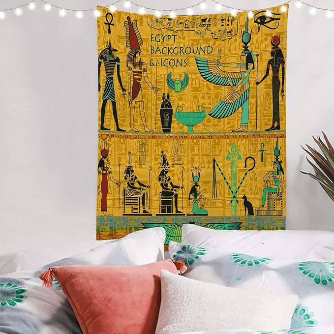 Batmerry Yellow Ancient Egyptian Tapestry, Horus Wall Art Hanging Decoration Polyester Fiber White Ruffled Around for Dorm Room Bedroom Living Room, 59.1x39.4 inches