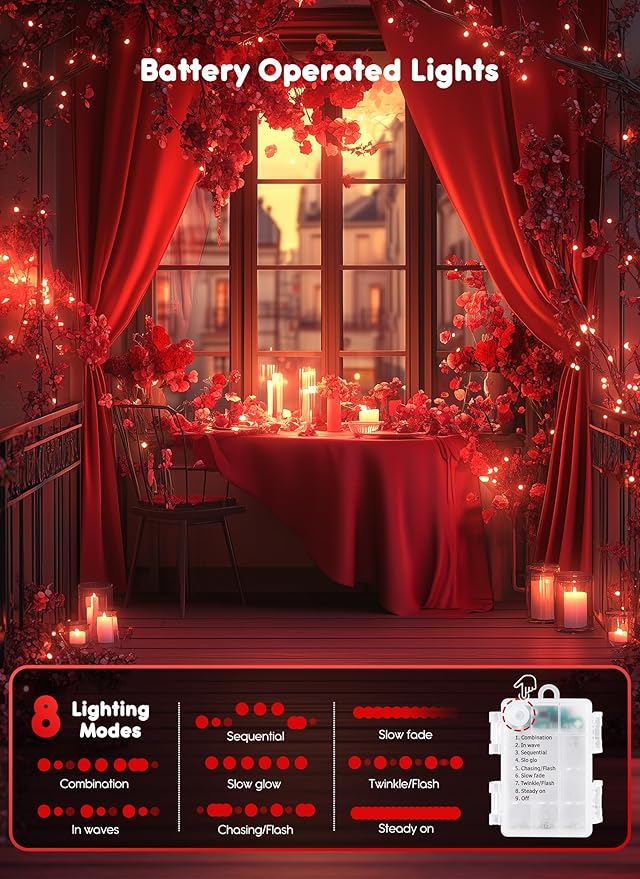 33Ft 100 LED Outdoor String Lights, Red Fairy Lights Battery Operated with Remote, Waterproof Twinkle Lights for Bedroom Dorm Patio Tapestry Backyard Garden Party Indoor Valentine's Day Decoration