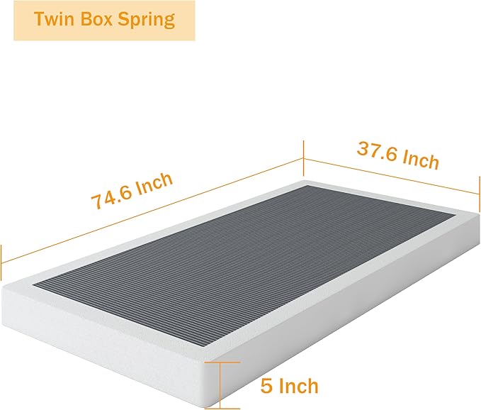 Twin Box Spring 5 Inch Low Profile Heavy Duty Metal Structure with Easy Clean Fabric Bed Cover, Non-Slip, No Noise, Easy Assembly