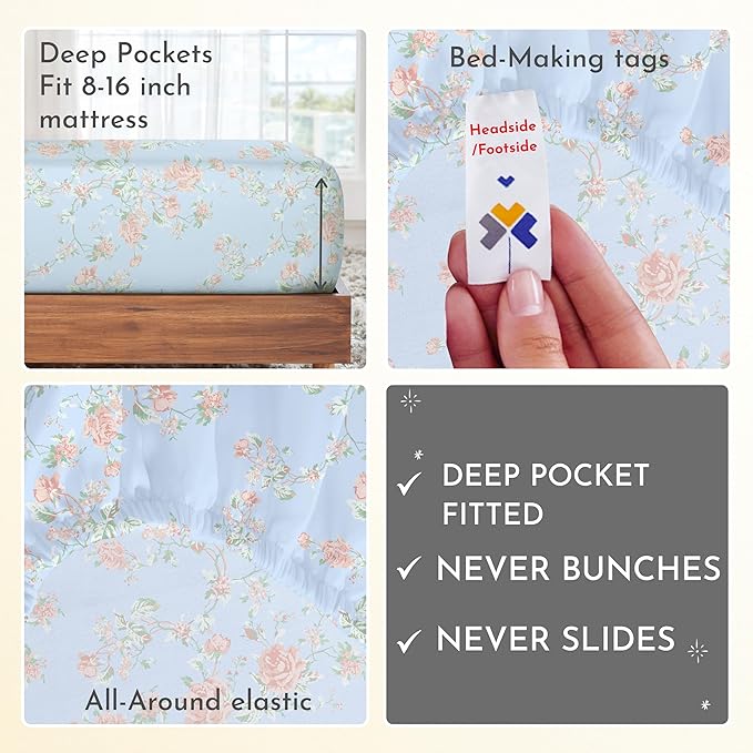 California Design Den Floral Printed Queen Sheet Set - 400 Thread Count Sateen, Natural 100% Cotton Sheets Queen Size Bed Set, Deep Pockets, Cooling and Durable Bedding - Antique Rose