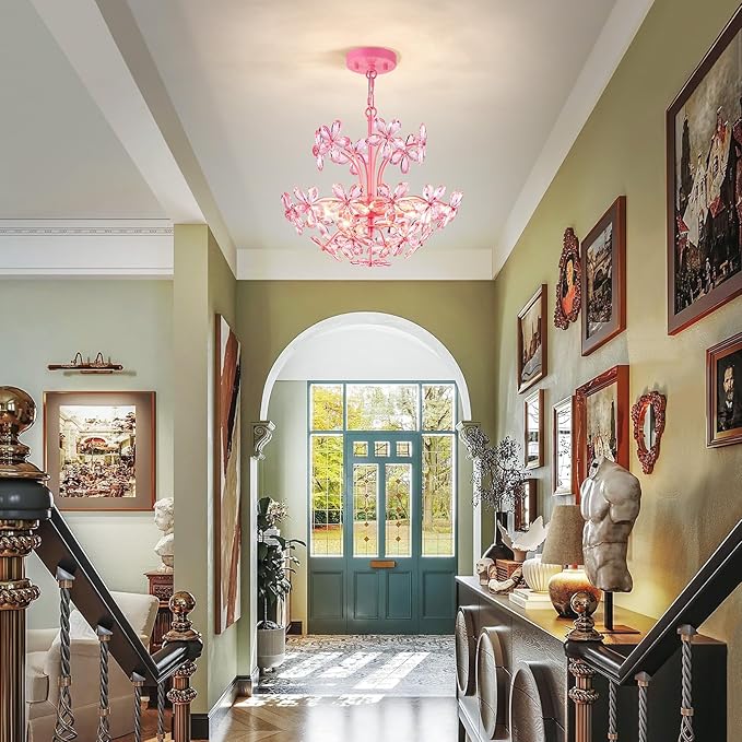 WUZUPS Crystal Chandelier Pendant Flushmount Ceiling Light Modern Lighting Fixture for Bedroom Hallway Bar Kitchen Bathroom, H 15.7" x W 17.7", Pink, E12 Base