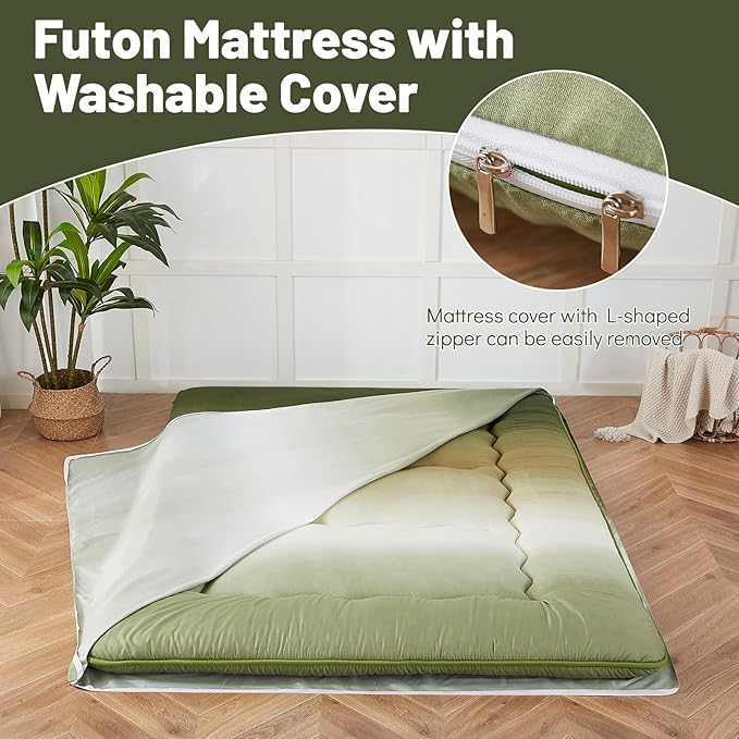Japanese Floor Mattress, Futon Mattress with Portable Storage Bag and Washable Cover, Roll Up Thick Tatami Mat Suitable for Camping, Guest Room (Forest Gradient, Twin)