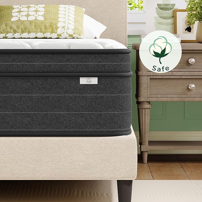 koorlian 12 Inch King Size Mattress in a Box for Back Pain, Medium Firm Feel Fiberglass Free Hybrid Mattress with Individual Pocket Springs and Pressure-Relieving Memory Foam, 120-Night Trial