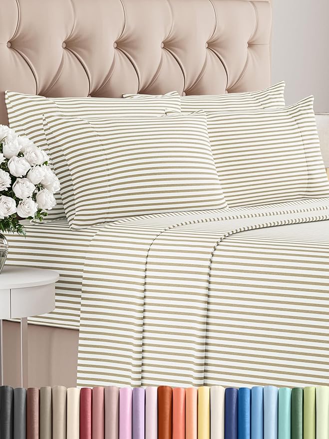 Queen 6 Piece Sheet Set - Comfy Breathable & Cooling - Soft Hotel Luxury Bedding Set with 8-16 Inch Deep Pockets - 1 Flat & 1 Fitted Sheet & 4 Pillowcases - Wrinkle Free & Easy Care - Beige Stripes 2