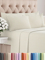 King Sheets Set 6 Piece - Includes 4 Pillowcases - Bed Sheets King Size - Soft Hotel Luxury Bedding - Cooling, Comfy & Breathable - 1 Flat & 1 Fitted & 4 Pillowcases w/ Deep Pockets - Beige Stripes