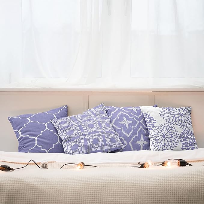 Ambesonne Vintage Throw Pillow Cushion Case Pack of 4, Monochrome Design Grid Trellis Quatrefoil Mesh and Dahlia Flowers Modern Print, Modern Accent Double-Sided Digital Printing, 18", Lavender White