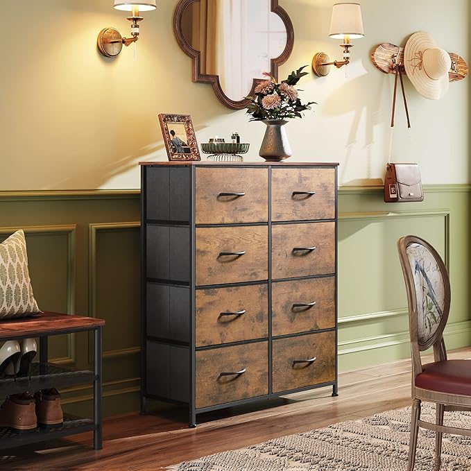 WLIVE Fabric Dresser for Bedroom, Tall Dresser with 8 Drawers, Storage Tower with Fabric Bins, Double Dressers, Chest of Drawers for Closet, Living Room, Hallway, Dorm, Rustic Brown Wood Grain Print