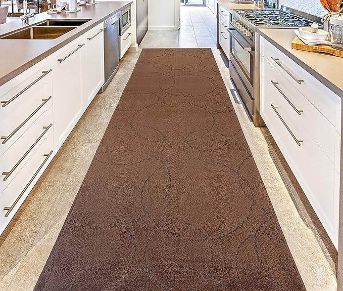 Custom Size Modern Geometric Pattern Carpet Runner Rug for Hallways, Slip Resistant Latex Rubber Backed, 31 inch Wide X Customized Length, Circles Brown, 31 inch X 28 feet