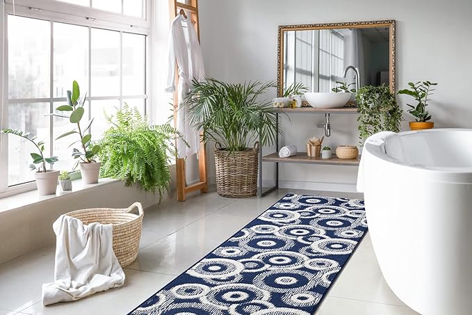 Custom Length Cut to Size Retro Modern Coastal Carpet Runner Rug for Hallways, Non Slip Rubber Backed, 31 inch Wide X Customized Length, Geo Blue, 31 inch X 10 feet