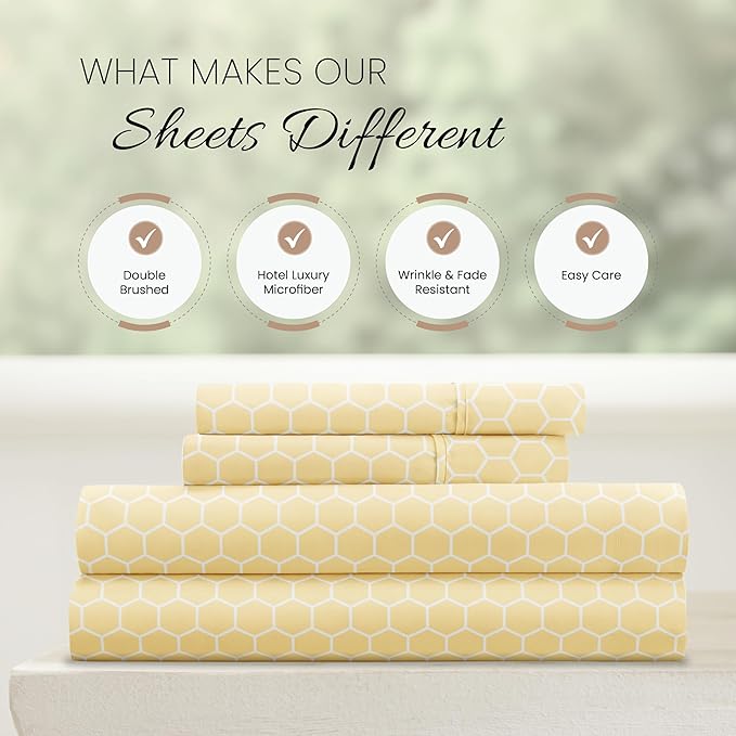 Linen Market Double-Brushed Patterned Microfiber Queen Sheet Set 4 Piece – Oeko-TEX Certified Ultra Soft & Wrinkle-Free - 16" Deep Pocket Sheets - Easy Care Queen Size - Honeycomb Yellow