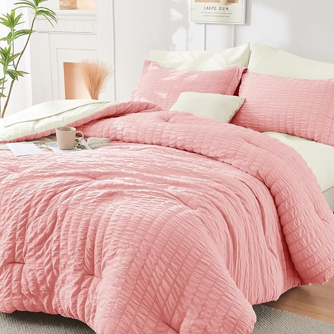 HYMOKEGE Pink/Ivory California King Comforter Set Seersucker 7 Pieces, All Season Luxury Bed in a Bag for Bedroom, Bedding Set with Comforter, Sheets, Pillowcases & Shams