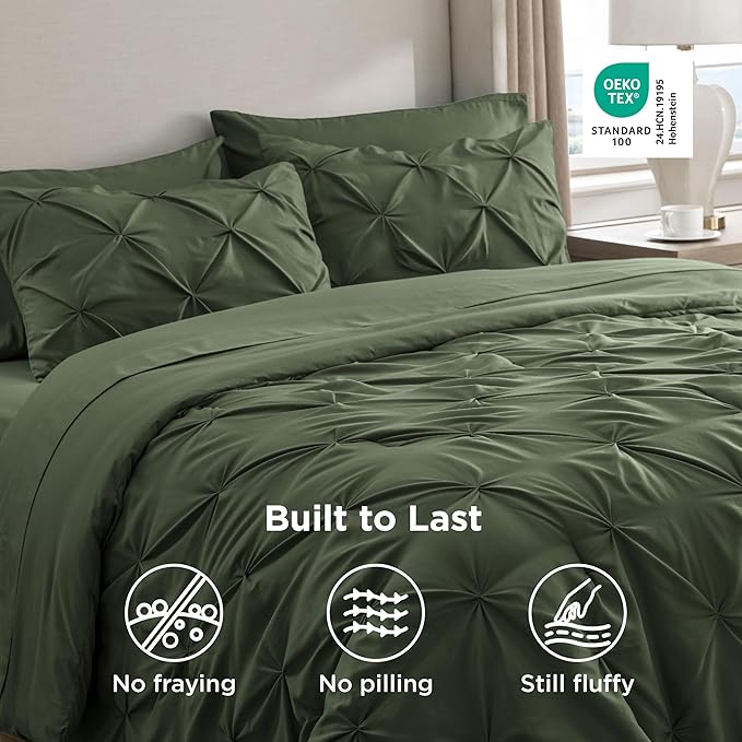 Bedsure Twin XL Comforter Set - Extra Long 5 Pieces Dorm Bedding Sets, GentleSoft™ Pinch Pleat Olive Green Bed in a Bag with Pintuck Comforter, Sheets, Pillowcase & Sham
