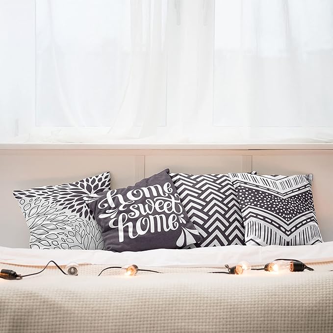 Ambesonne Geometric Throw Pillow Cushion Case Pack of 4, Home Phrase Minimal Zigzag Squama Dahlia Flower Petals Chevron Tribal, Modern Accent Double-Sided Digital Printing, 18", Dark Mauve and White