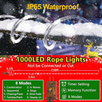 KNONEW 164FT 1000LED Rope Lights for Outside,Outdoor String Lights Waterproof 8 Modes Clear Tube Light for Indoor,Bedroom,Wedding,Garden,Patio,Christmas,Tree,Rv,Holiday Decoration(Cold White)