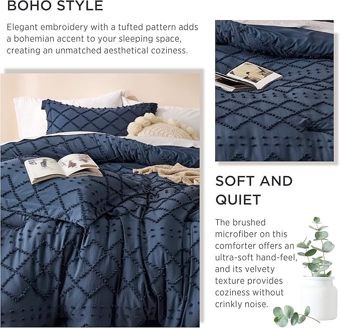 Bedsure California King Comforter Set - Navy Blue Comforter, Boho Tufted Shabby Chic Bedding for Kids, 3 Pieces Vintage Farmhouse Bed Set for All Seasons, Fluffy Soft Bedding with 2 Pillow Shams