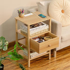 Lerliuo Nightstand with Charging Station and USB Ports, 3-Tier Storage End Table with Drawer Shelf, Night Stand for Small Spaces, Wood Bedside Table for Living Room, Bedroom - Natural Wood