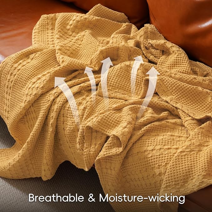 PHF 100% Cotton Waffle Weave Blanket Queen Size for Bed, Lightweight Washed Cotton Blanket - 90"x90" Aesthetic Soft Woven and Breathable Blanket for Sofa Home Decor - Ginger Yellow