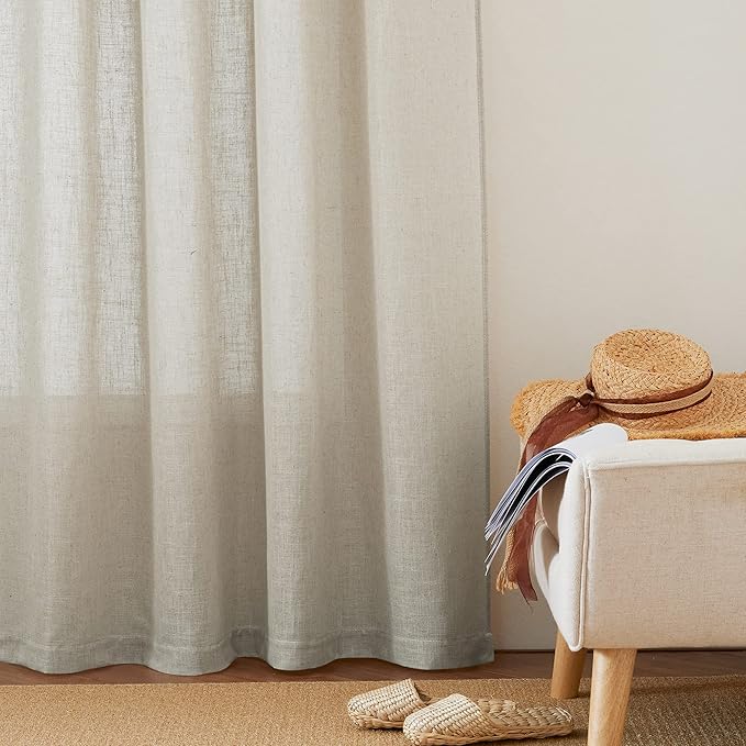 RYB HOME Floor to Ceiling Curtains 108 inches Long, Flax Linen Blend Semi Sheer Curtains Soft Airy Half Privavy Drapery for Sliding Door, Bay Window, Living Room, W 52 x L 108 inch, 2 Panels, Angora
