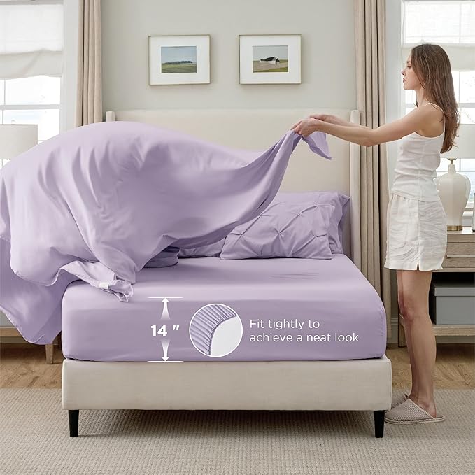 Bedsure California King Comforter Set Light Purple - Bed in a Bag Cal King Bedding Set 7 Pieces, GentleSoft™ Pintuck Bed Set Gift for Family, Pinch Pleat Comforter with Sheets, Pillowcases & Shams