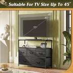 WLIVE Dresser for Bedroom, 5 Drawer Dressers with Charging Station, Fabric Chest of Drawers with Open Shelves, Storage Dresser for Living Room, Closet, Entryway, Charcoal Black Wood Grain Printt