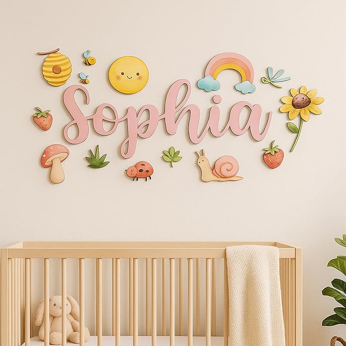 Custom Nursery Name Sign with Themed Decor Kit | Personalized Wooden Wall Art for Baby, Kids Room | Space, Jungle, Circus, Under the Sea, Woodland, Rainbow (40", Rainbow/Nature)