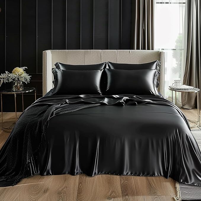 Love's cabin Satin Queen Sheets Set - 4 Piece Black Silky Bed Sheets Set with Deep Pocket, Luxury Silk Feel Satin Queen Size Sheet Set (1 Flat Sheet,1 Fitted Sheet,2 Pillow Cases)