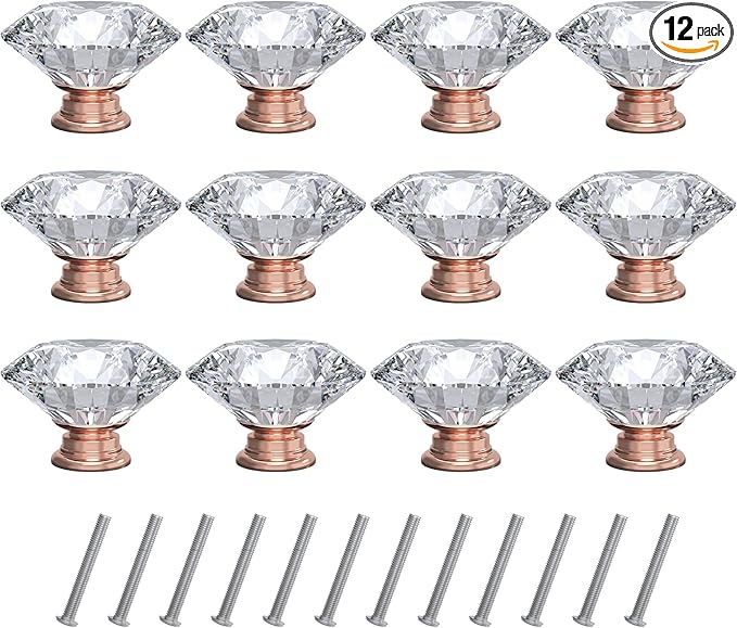 Tomorotec 12-Pack 40mm White Crystal Glass Cabinet Drawer Pull with Pink Base for Modern & Classic Styles, Easy-to-Install Elegant Home Decor Upgrade with Durable Hardware for Vanity, Wardrobe, Desk