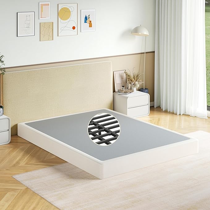Queen Size Box Spring, 7 Inch Low Profile Metal Frame Mattress Foundation, Heavy Duty Boxspring with Cover, Easy Assembly, Noise Free, Non-Slip