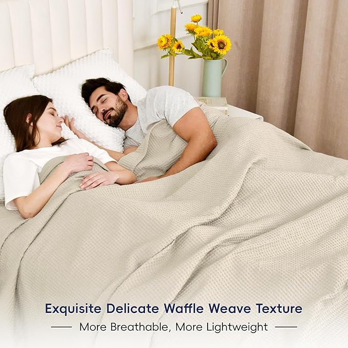 PHF 100% Cotton Waffle Weave Family Blanket,Oversized King Size 120"x 120"-Pre-Washed Snag Proof Lightweight Breathable Moisture-Wicking, 10'x 10' Huge Extra Large Big,Home Decoration Gift-Linen
