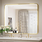 43X36 Inch Framed LED Lighted Bathroom Mirror,Wall Mounted Gold Metal Vanity Mirrors with Lights,Dimmable Illuminated Anti-Fog Mirror(Horizontal/Vertical)