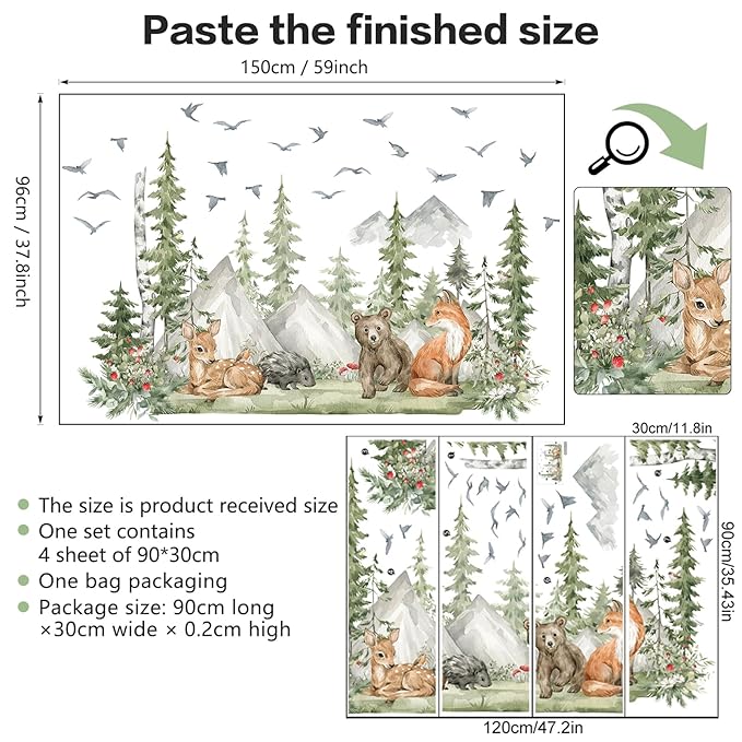 Giant Watercolor Mountain Forest Tree Wall Stickers, Sunoyar DIY Woodland Pine Wall Decal for Kids Boys, Jungle Wild Animal Fox Deer Bear Mural Decor for Nursery Bedroom Living Room Playroom (Green)