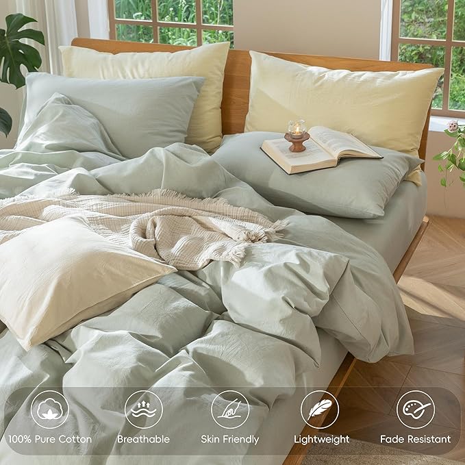 MooMee Bedding Duvet Cover Set 100% Washed Cotton Linen Like Textured Breathable Durable Soft Comfy (Heathered Sage Green, Cal King 104"x98")