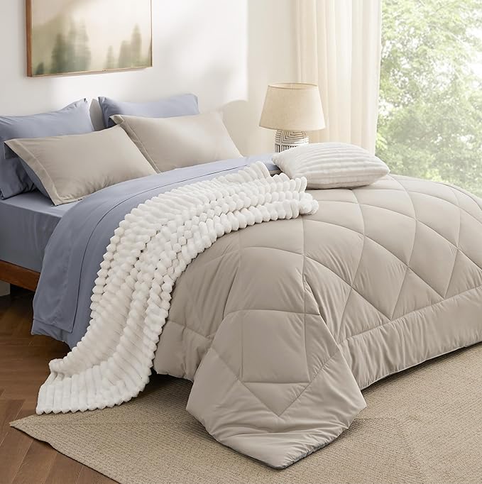 Bedsure King Size Comforter Set - 7 Pieces Reversible Beige Bedding, King Size Bed Set for All Seasons, Bed in a Bag with Down Alternative Comforter, Sheets, Pillowcases & Shams