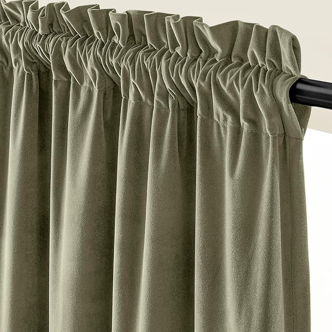 Lazzzy Velvet Blackout Curtains Thermal Insulated Room Window Drapes Super Soft Luxury Curtains for Living Room Bedroom Rod Pocket 2 Panels, Olive Sage, 52" W x 63" L