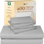 California Design Den 6-Pc King Size Sheet Set with 4 Pillowcases - Soft 400 Thread Count 100% Cotton Sheets, Cooling Sateen Weave, Luxury Deep Pocket Bedsheets Set - Light Grey