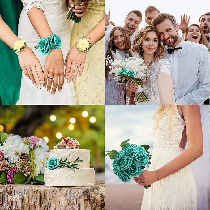 100PCS Dark Turquoise Artificial Flowers Realistic Roses, Real Looking Fake Roses with Stem for DIY Wedding Bouquets Centerpieces Bridal Shower Party Home Romantic Decorations (Dark Turquoise, 100pcs)