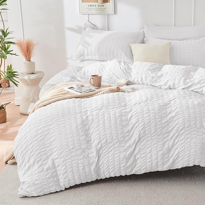 HYMOKEGE White King Size Comforter Set Seersucker 7 Pieces, All Season Luxury Bed in a Bag for Bedroom, Bedding Set with Comforters, Sheets, Pillowcases & Shams