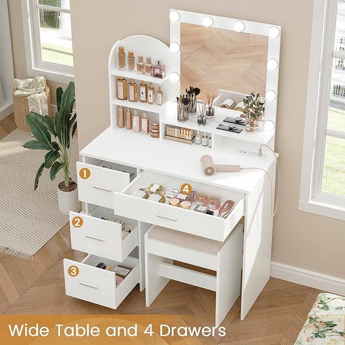 Quimoo Makeup Vanity with 10 Light Bulbs and Charging Station, Vanity Desk with Lighted Mirror & 4 Drawers, Vanity Table Set with Cushioned Stool,White