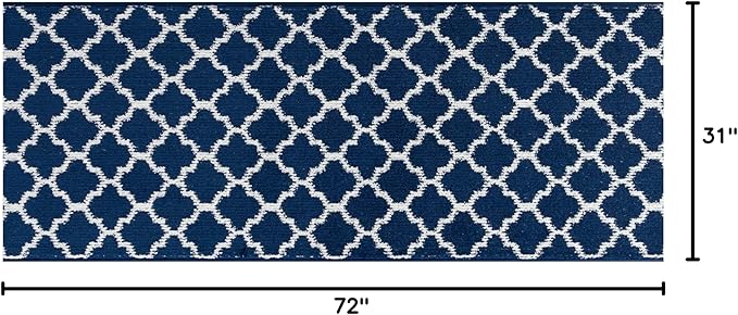 Custom Size Cut to Length Moroccan Trellis Design Runner Rug Mat For Wide Long Hallways with Non-Slip Rubber Backing, Better Traction for Pets, Prevent Slippage, Trellis Navy Blue, 31 inch X 6 feet