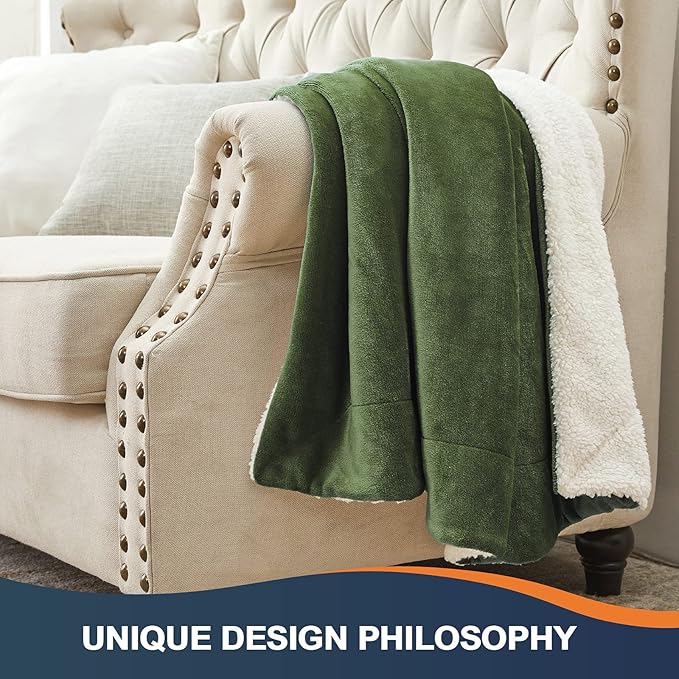 Walensee Sherpa Fleece Blanket (Throw Size 50”x60” Olive Green) Plush Throw Fuzzy Super Soft Reversible Microfiber Flannel Blankets for Couch, Bed, Sofa Ultra Luxurious Warm and Cozy for All Seasons