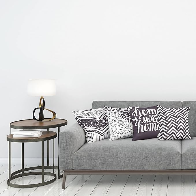 Ambesonne Geometric Throw Pillow Cushion Case Pack of 4, Home Phrase Minimal Zigzag Squama Dahlia Flower Petals Chevron Tribal, Modern Accent Double-Sided Digital Printing, 18", Dark Mauve and White