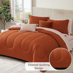 Monbix King Size Comforter Set - 7 Pieces Bed in a Bag King, Burnt Orange Track Stitching Bedding Sets, All Seasons Down Alternative Comforter Bed Set with Sheets