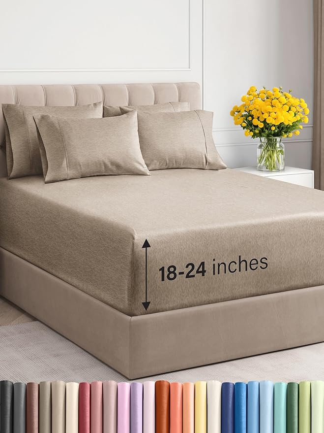 Extra Deep Full Sheet Set - 6 Piece Breathable and Cooling Sheets - Hotel Luxury Bed Sheets Set - Easy Fit - Soft, Wrinkle Free and Comfy Sheets Set - Heathered Beige Sheet Set with Extra Deep Pockets