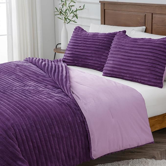 BEDELITE Fleece Twin Comforter Set -Super Soft & Warm Fluffy Purple Bedding, Luxury Fuzzy Heavy Bed Set for Winter with 1 Pillow case
