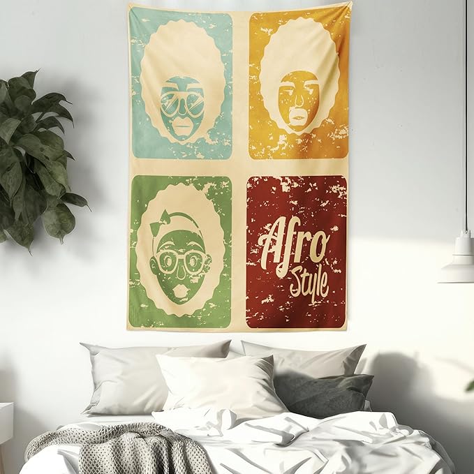 Lunarable Afro Tapestry Twin Size, Pop Art Style Disco Themed Arrangement Retro Dance Fever American Culture, Wall Hanging Bedspread Bed Cover Wall Decor, Twin Size, Yellow Blue