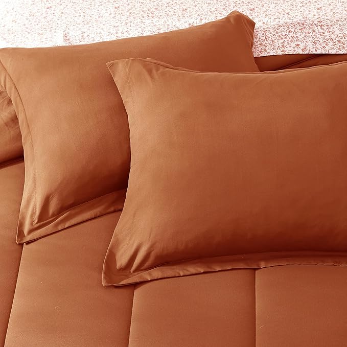 Monbix King Size Comforter Set - 7 Pieces Bed in a Bag King, Burnt Orange Track Stitching Bedding Sets, All Seasons Down Alternative Comforter Bed Set with Sheets